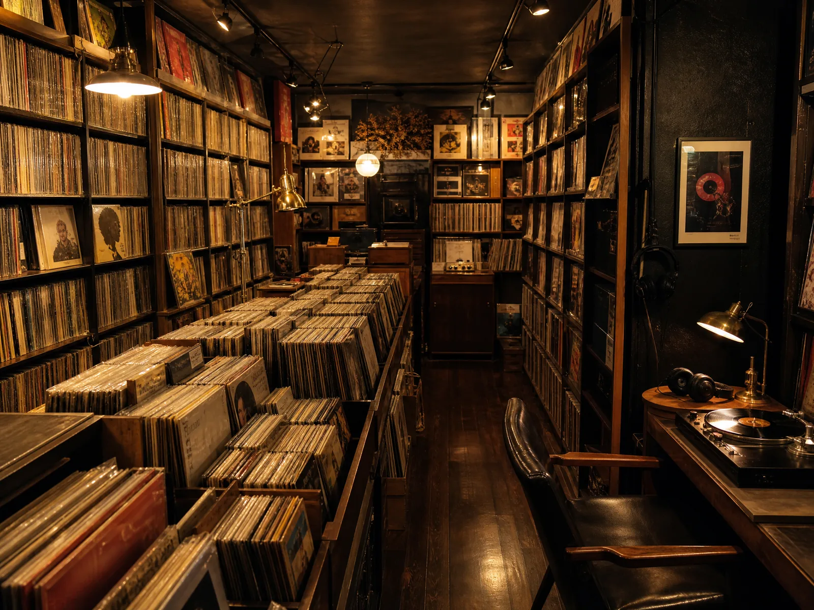 东‌京中古唱片店内景，木质唱片箱与暖黄吊灯